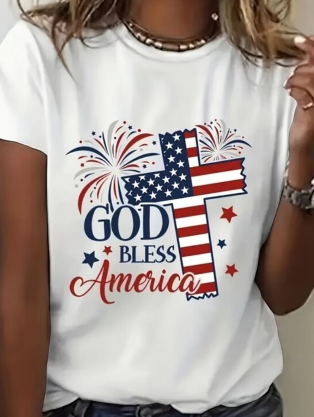 Ladies God Bless America Patriotic Graphic Tee - White